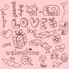 Set of cute hand drawn romantic things