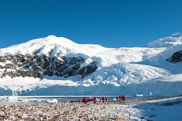 Kussenhoes Expeditie met rode jassen die Antarctica verkent © Asya M