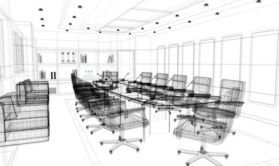 sala riunioni rendering wireframe tratto