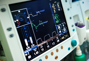 Close up mechanical ventilation equipment close up image monitor of computer device. Corona virus...