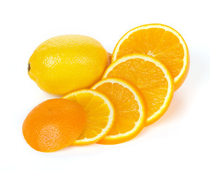 Sliced orange and lemonrange fruit isolated on white