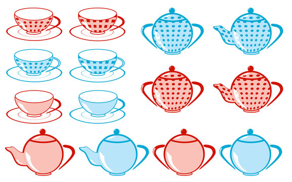 set of tea cup, teakettle. vector illustration