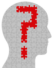 Profile of head containing a question mark in puzzle format