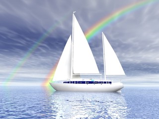 Sailing luxury yacht on beautiful seascape with rainbow