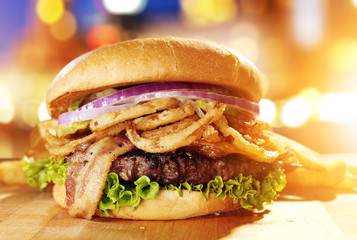 Gourmet hamburger with fried onion straws