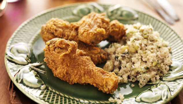 Home Cooked Fried Chicken Meal Cilantro Lime Quinoa Side Dish.,