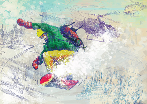 Paramedic snowboarding (drawing converted into vector)