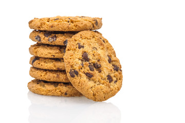 A stack of chocolate chip cookies isolated on a white background
