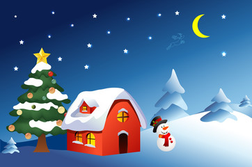 Naklejka premium Illustrator of winter landscape with decorated house and Christm