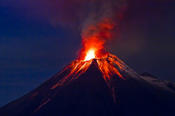 Long exposure, Tungurahua volcano with blue skyes - obrazy, fototapety, plakaty