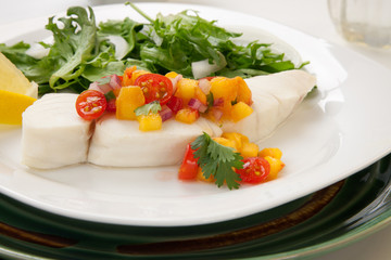 Poached Halibut and Peach Salsa