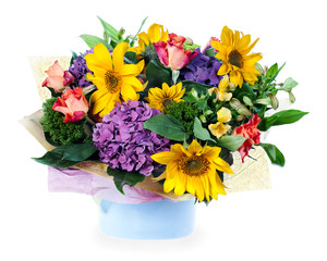 colorful floral bouquet of roses, lilies, sunflowers and irises