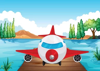 Rolgordijnen een vliegtuig dat in de natuur landt © GraphicsRF