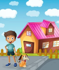 Fotobehang jongen, hond en huis © GraphicsRF