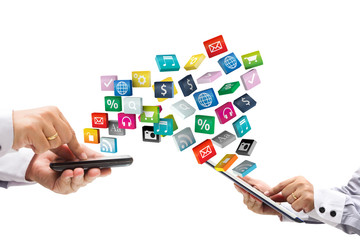mobile phone with tablet pc cloud of colorful application 