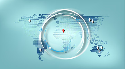 Airplane flying around red person with world map background