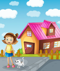 a girl and cat infront of house