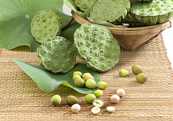 Young lotus seeds and leafs on the bamboo basket