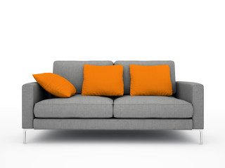 Modern grey sofa with orange pillows isolated on white backgroun