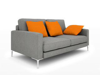 Obraz premium Modern grey sofa with orange pillows isolated on white backgroun