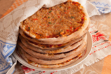 Turkish lahmacun (arab pizza) on plate