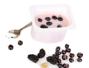 Yogurt with blueberries isolated on white