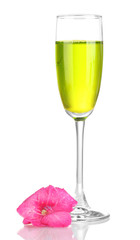 glass with cocktail and gladiolus bud isolated on white