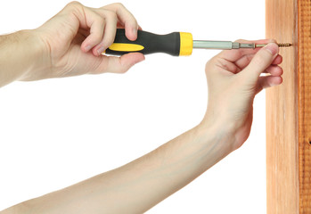 man hands with screwdriver and screw