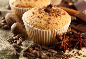 tasty muffin cakes with chocolate, spices and coffee seeds,