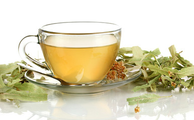 Glass cup of tea with linden isolated on white