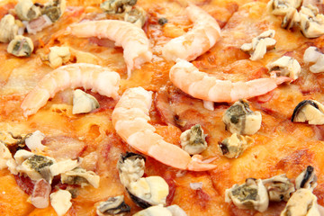 Delicious pizza with seafood close-up