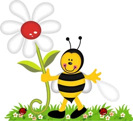 Acrylic prints Ladybugs Happy bee holding flower in garden