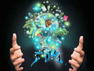 businessman holding virtual object