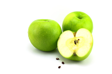 Green apples and half of apple Isolated on a white background