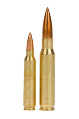 Two rifle bullets over white background