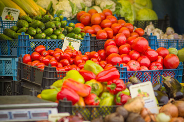 Paprika, beet roots, tomatoes, onion on city market