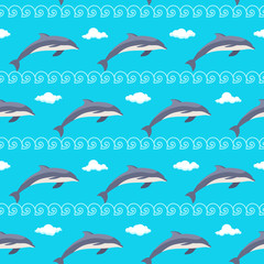 Seamless sea pattern with dolphins, waves and clouds