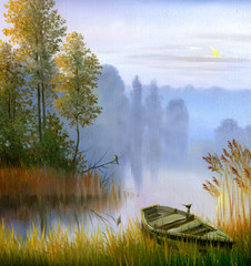 the boat on the bank of the lake, a canvas, oil