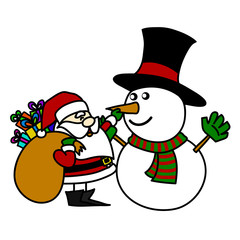 Cartoon Santa Claus and snowman.
