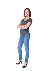 full length portrait of smiley woman over white