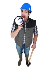 Mason shouting through megaphone