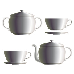 Set of porcelain tea cup, teapot, sugar pot and saucer. Eps10