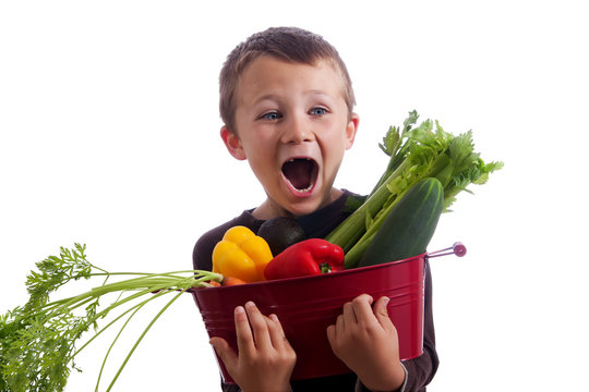 Little boy holding basket of fresh vegetables