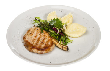 Grilled pork with salad and potato