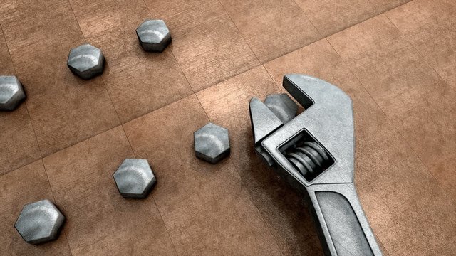 Mechanical tools, spanner and nut.