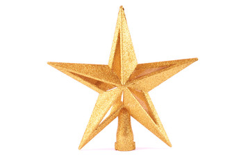 Golden glittering star shaped Christmas ornament isolated on whi