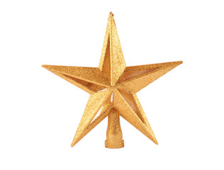 Golden glittering star shaped Christmas ornament isolated on whi