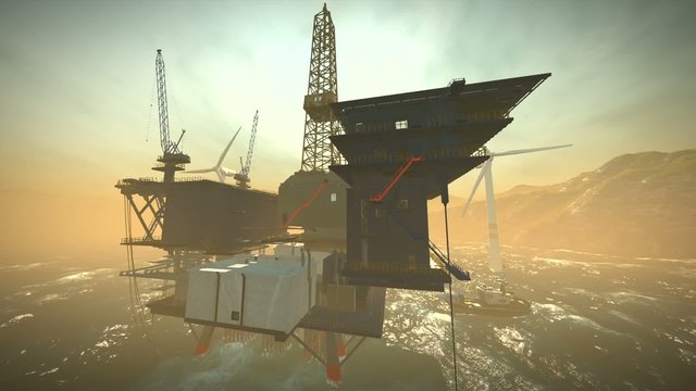 Oil rig platform and wind turbines off shore