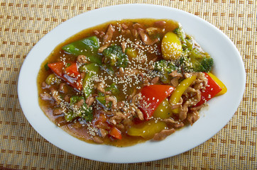 pork with tart sweet sauce,pineapple and pepper