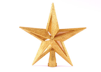 Golden glittering star shaped Christmas ornament isolated on whi